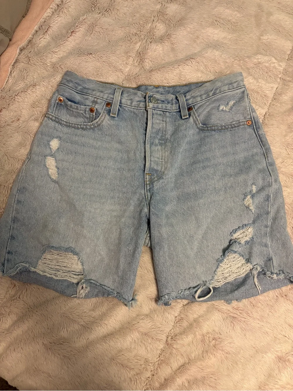 Levi's 501 Light Blue Distressed High-Rise Jean Shorts - Picture 1 of 4